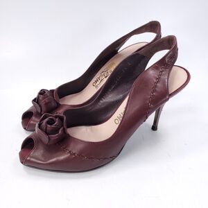 Ferragamo Slip On Casual Leather Heel Shoe Womens Size 7.5 D6021400 Burgundy